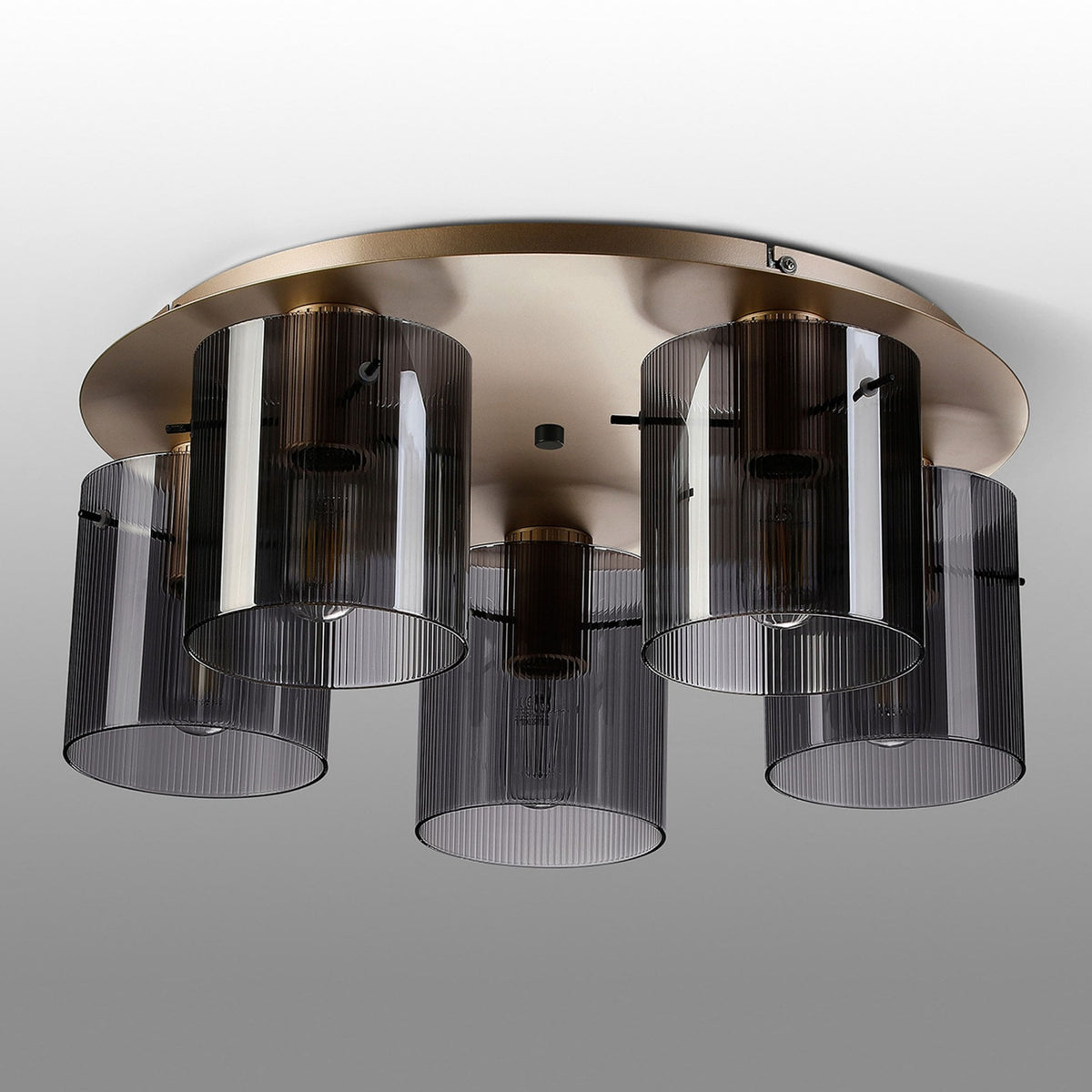 Belstone Fine Ribbed 5 Light Flush Round Ceiling Light in Light Gold with Smoke Glass