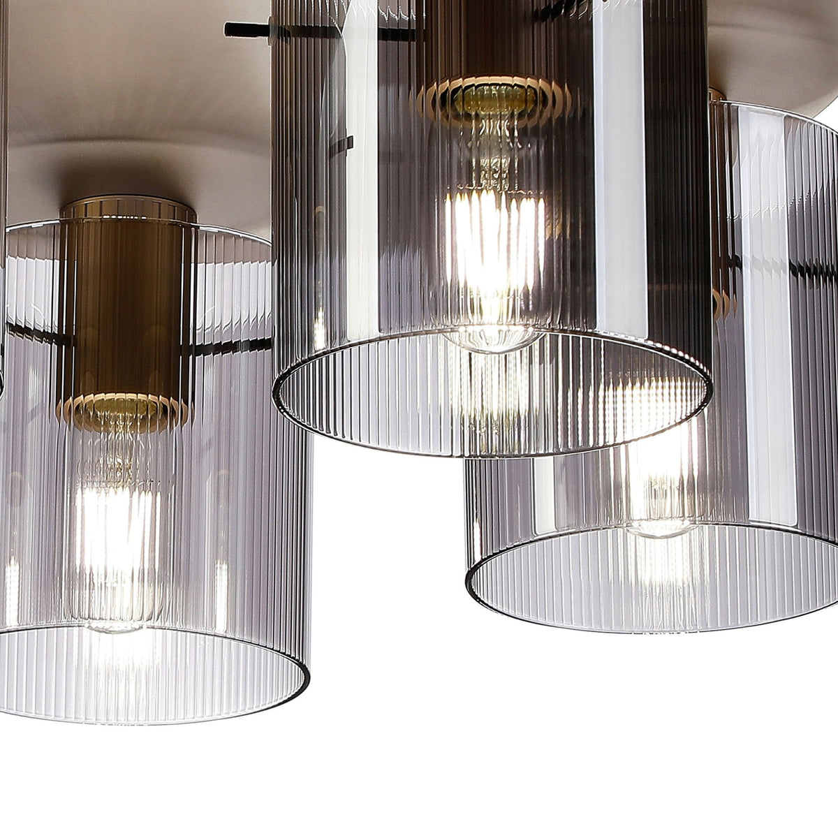 Belstone Fine Ribbed 5 Light Flush Round Ceiling Light in Light Gold with Smoke Glass