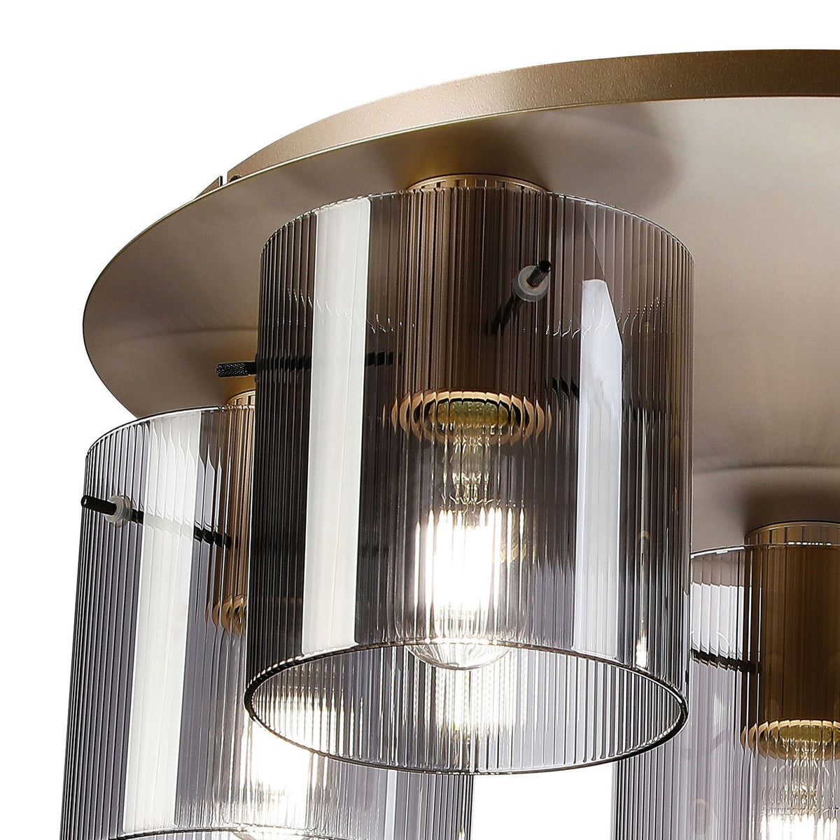 Belstone Fine Ribbed 5 Light Flush Round Ceiling Light in Light Gold with Smoke Glass