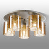 Belstone Wide Ribbed 5 Light Flush Round Ceiling Light in Beige Stone with Amber Glass