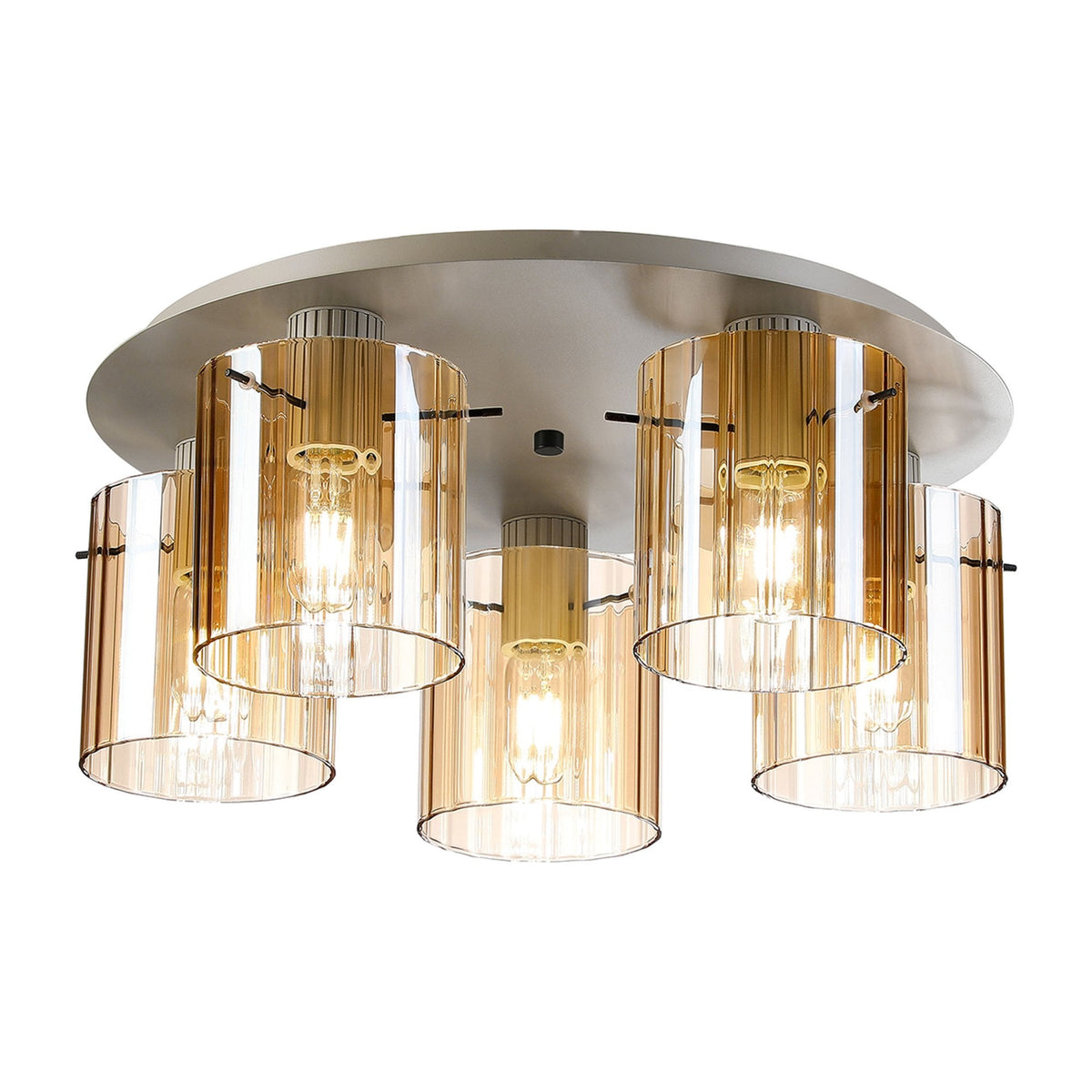 Belstone Wide Ribbed 5 Light Flush Round Ceiling Light in Beige Stone with Amber Glass