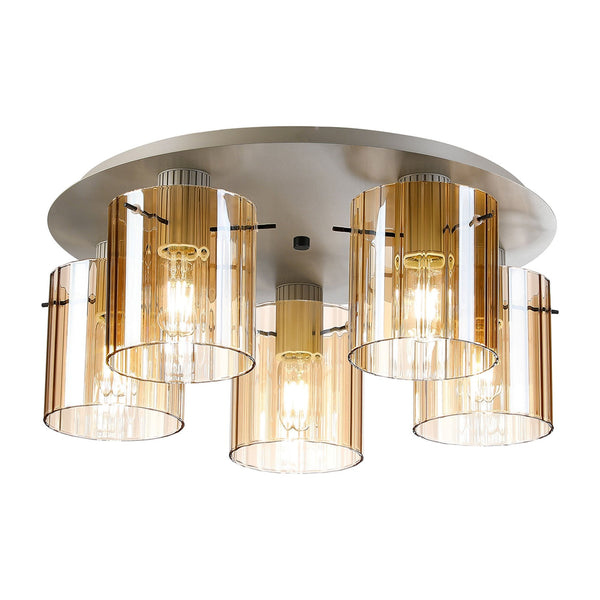 Belstone Wide Ribbed 5 Light Flush Round Ceiling Light in Beige Stone with Amber Glass