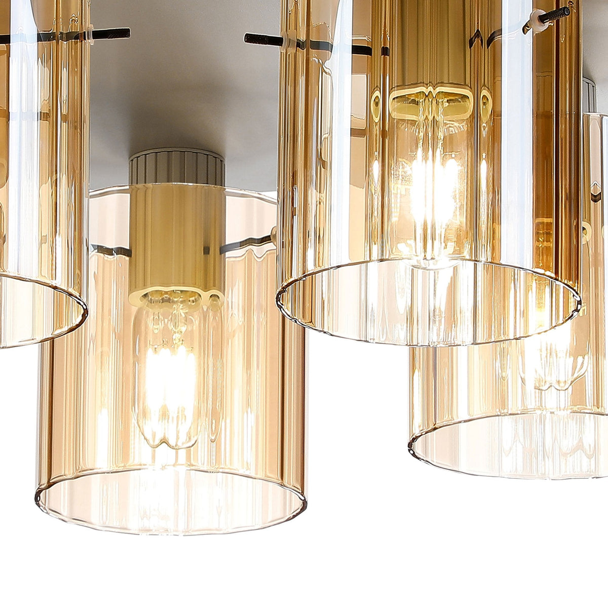 Belstone Wide Ribbed 5 Light Flush Round Ceiling Light in Beige Stone with Amber Glass