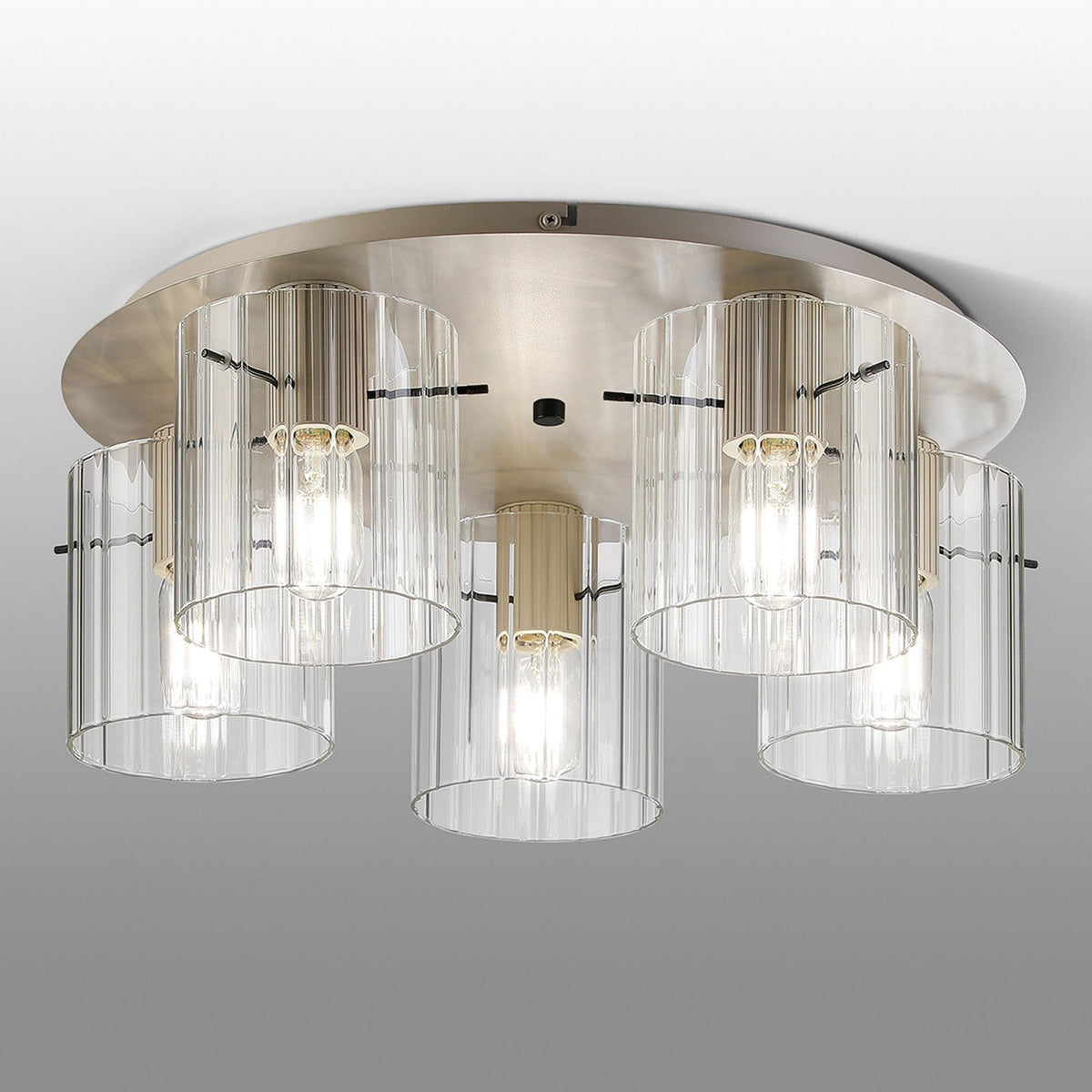 Belstone Wide Ribbed 5 Light Flush Round Ceiling Light in Beige Stone with Clear Glass