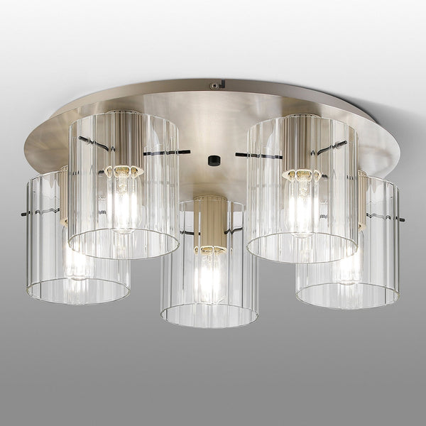 Belstone Wide Ribbed 5 Light Flush Round Ceiling Light in Beige Stone with Clear Glass
