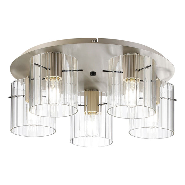 Belstone Wide Ribbed 5 Light Flush Round Ceiling Light in Beige Stone with Clear Glass