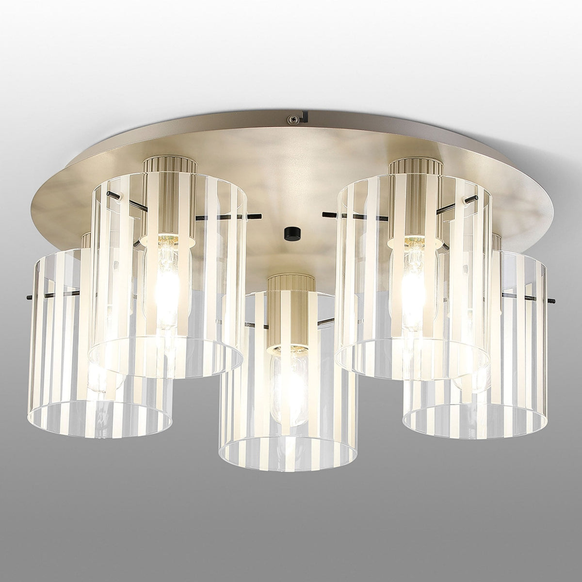 Belstone Wide Ribbed 5 Light Flush Round Ceiling Light in Beige Stone with Frosted & Clear Glass