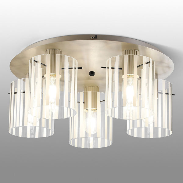 Belstone Wide Ribbed 5 Light Flush Round Ceiling Light in Beige Stone with Frosted & Clear Glass