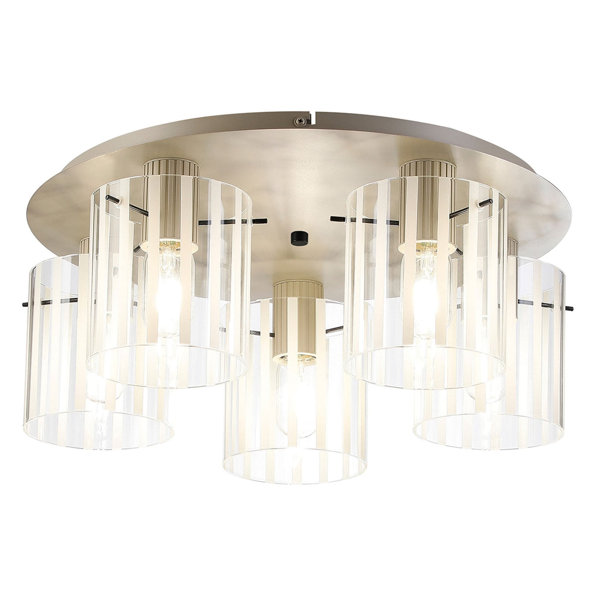 Belstone Wide Ribbed 5 Light Flush Round Ceiling Light in Beige Stone with Frosted & Clear Glass