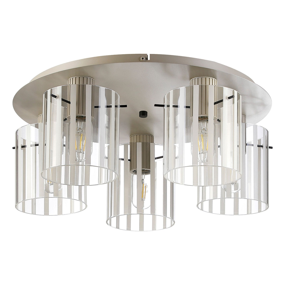 Belstone Wide Ribbed 5 Light Flush Round Ceiling Light in Beige Stone with Frosted & Clear Glass