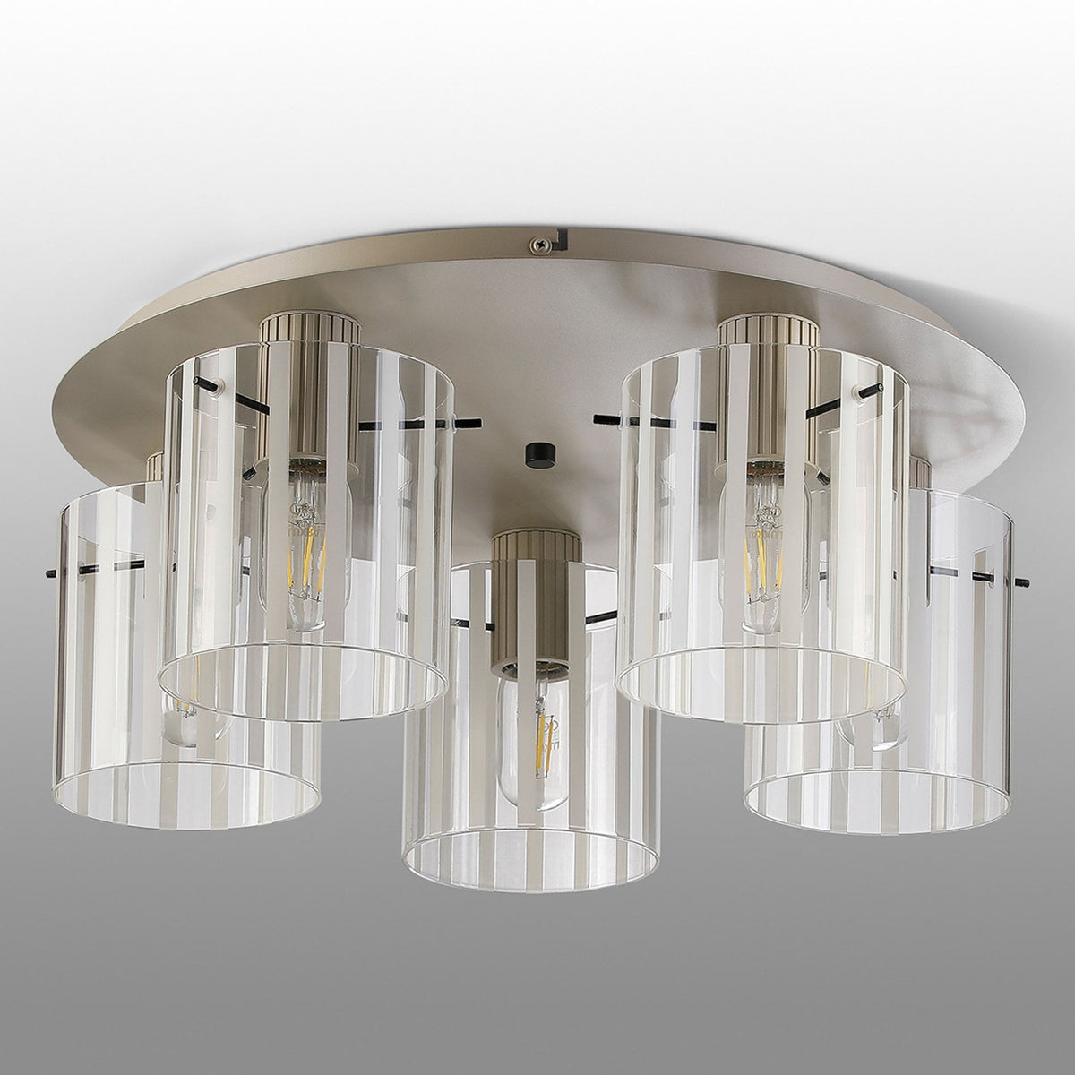 Belstone Wide Ribbed 5 Light Flush Round Ceiling Light in Beige Stone with Frosted & Clear Glass