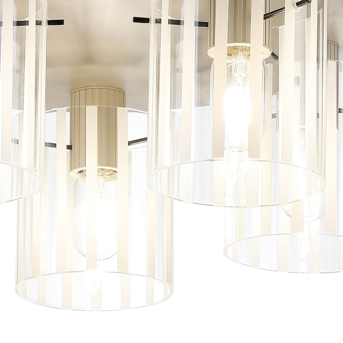 Belstone Wide Ribbed 5 Light Flush Round Ceiling Light in Beige Stone with Frosted & Clear Glass