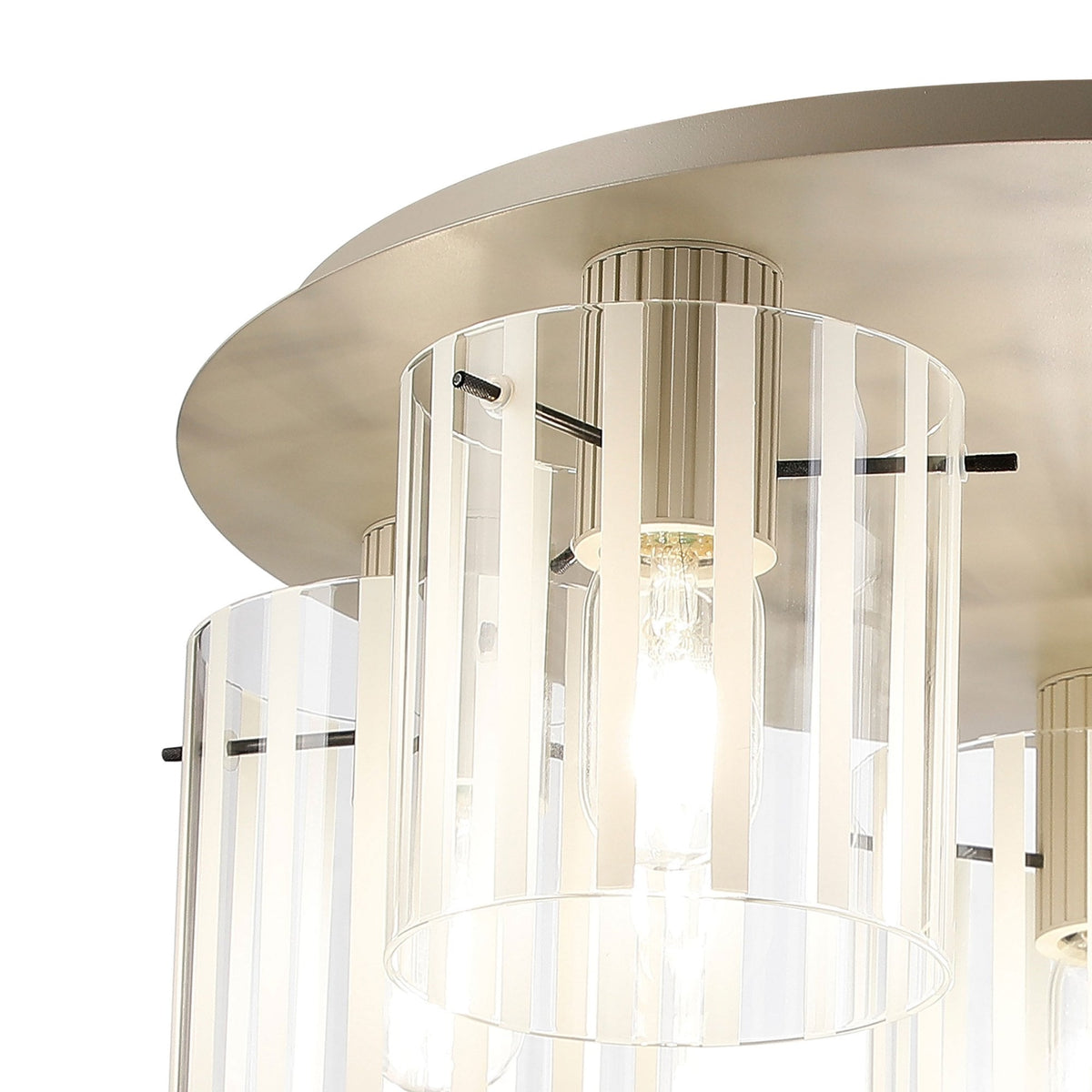 Belstone Wide Ribbed 5 Light Flush Round Ceiling Light in Beige Stone with Frosted & Clear Glass