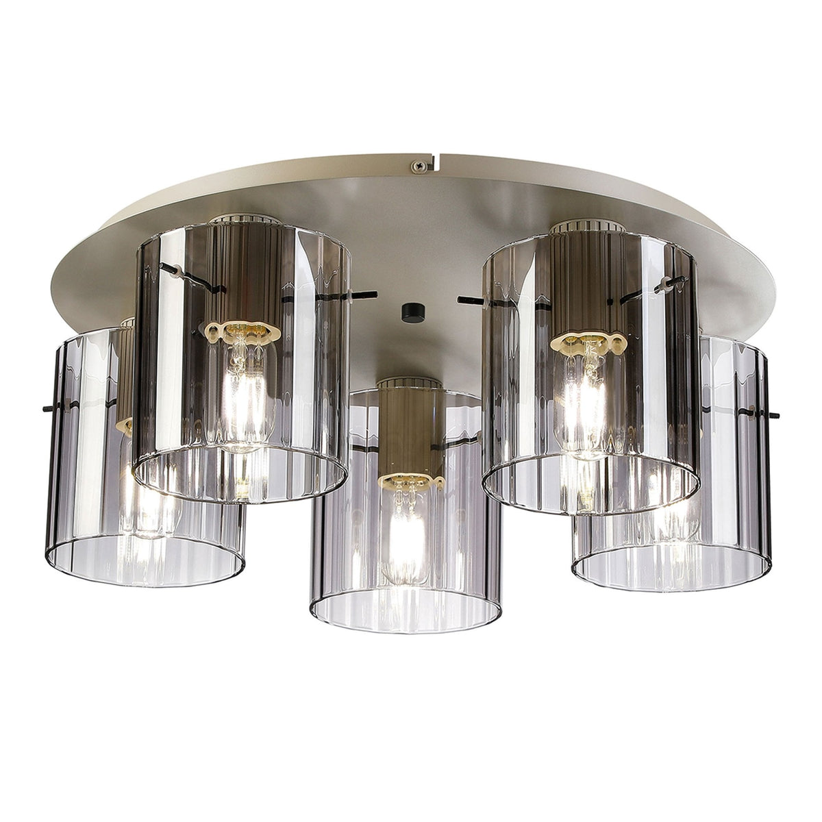 Belstone Wide Ribbed 5 Light Flush Round Ceiling Light in Beige Stone with Smoke Glass