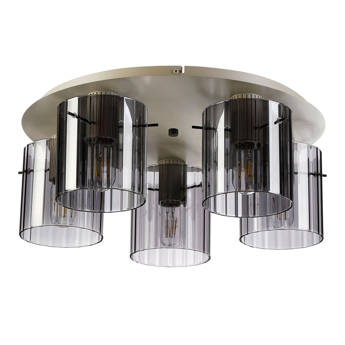 Belstone Wide Ribbed 5 Light Flush Round Ceiling Light in Beige Stone with Smoke Glass