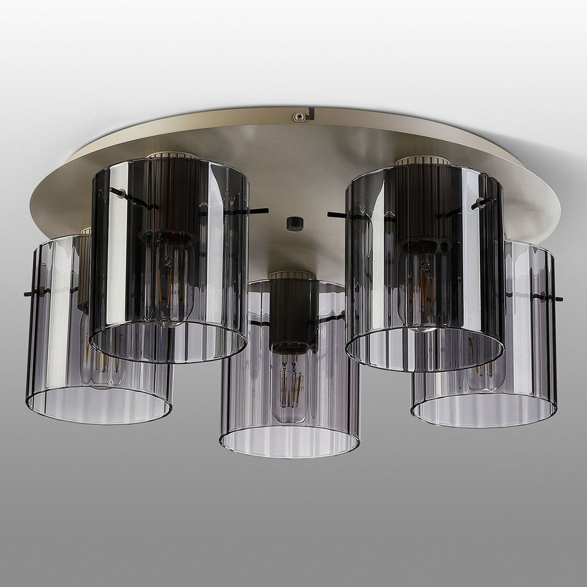 Belstone Wide Ribbed 5 Light Flush Round Ceiling Light in Beige Stone with Smoke Glass