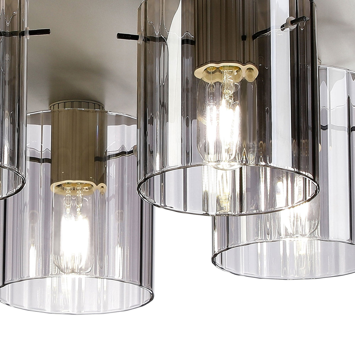 Belstone Wide Ribbed 5 Light Flush Round Ceiling Light in Beige Stone with Smoke Glass