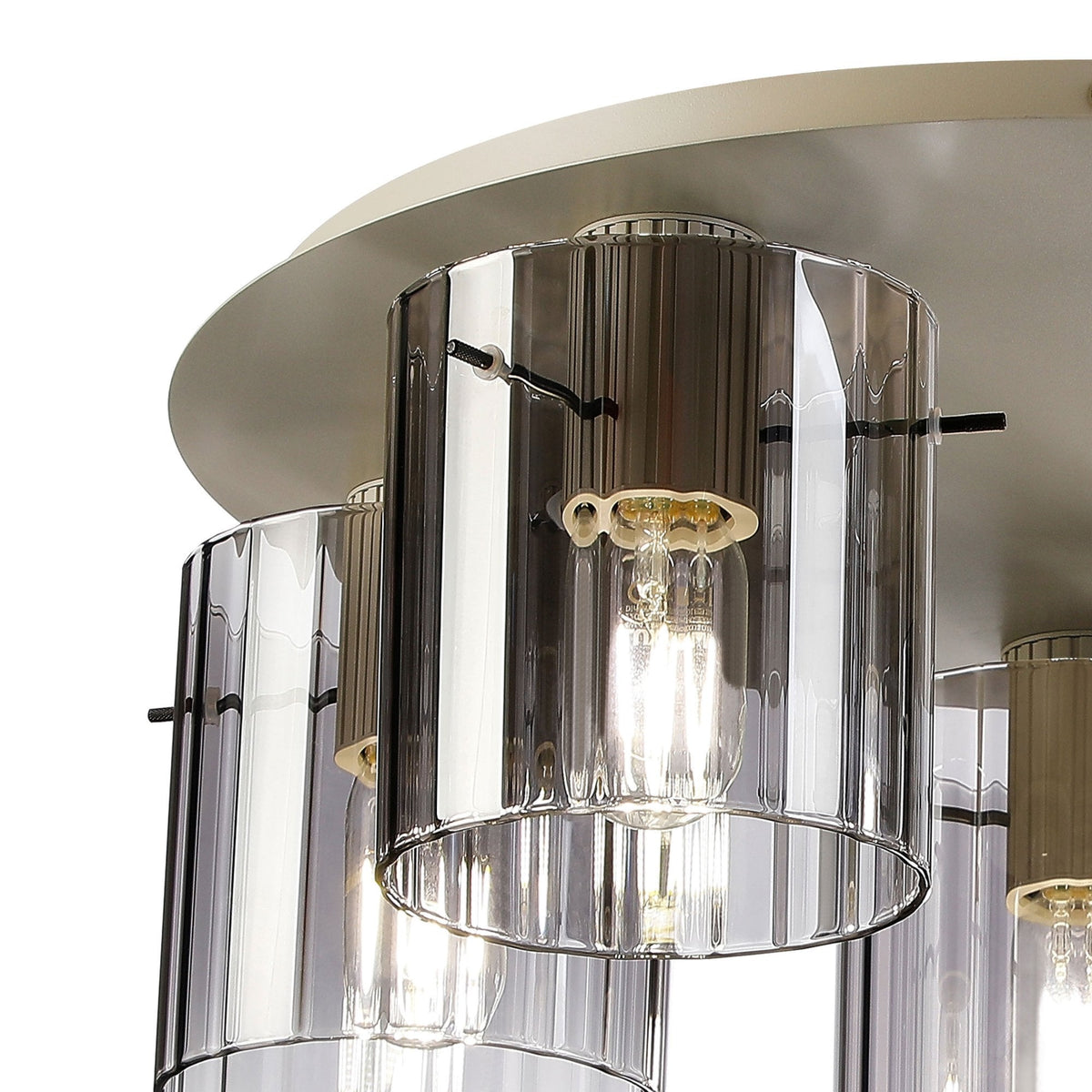 Belstone Wide Ribbed 5 Light Flush Round Ceiling Light in Beige Stone with Smoke Glass