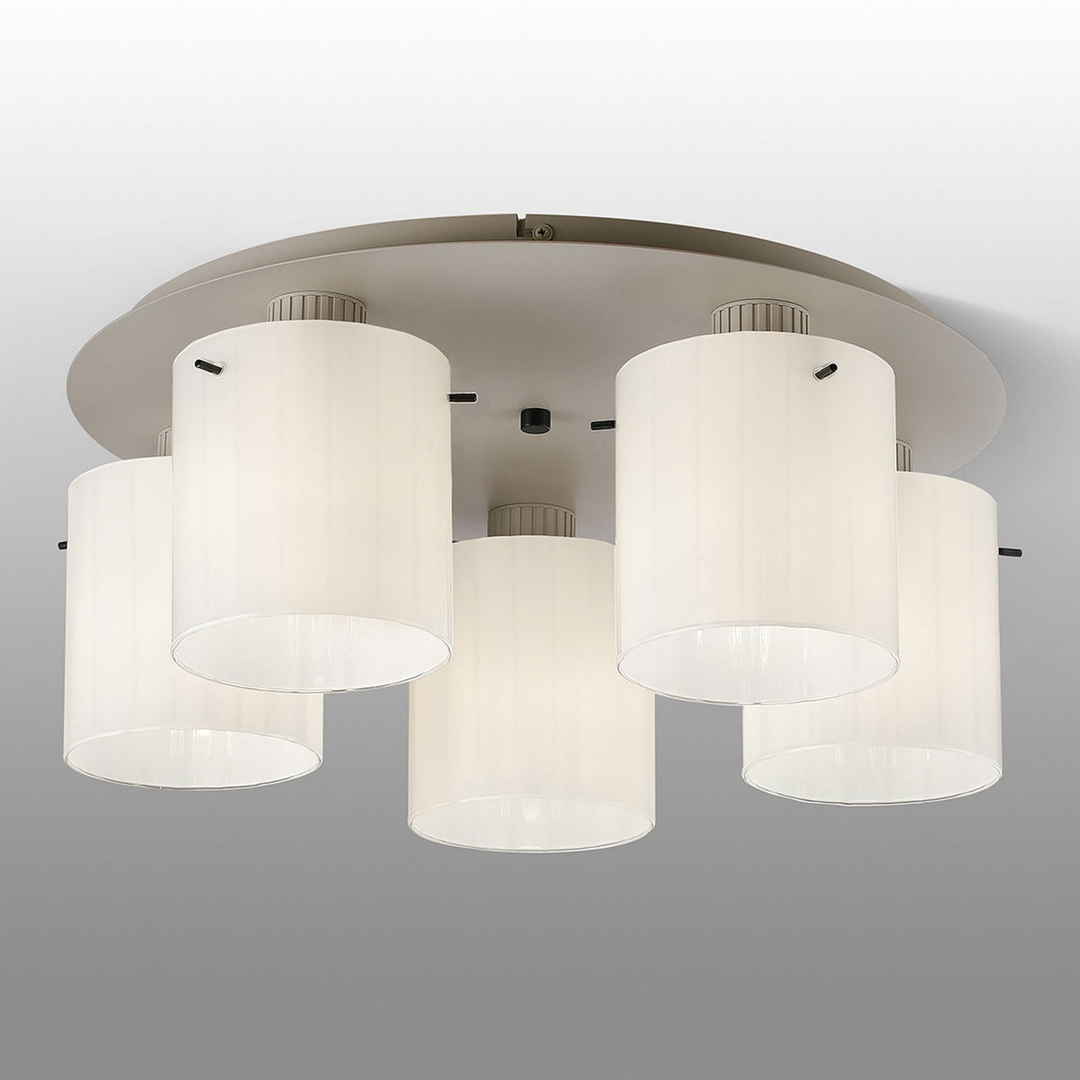 Belstone Wide Ribbed 5 Light Flush Round Ceiling Light in Beige Stone with Gloss White Glass