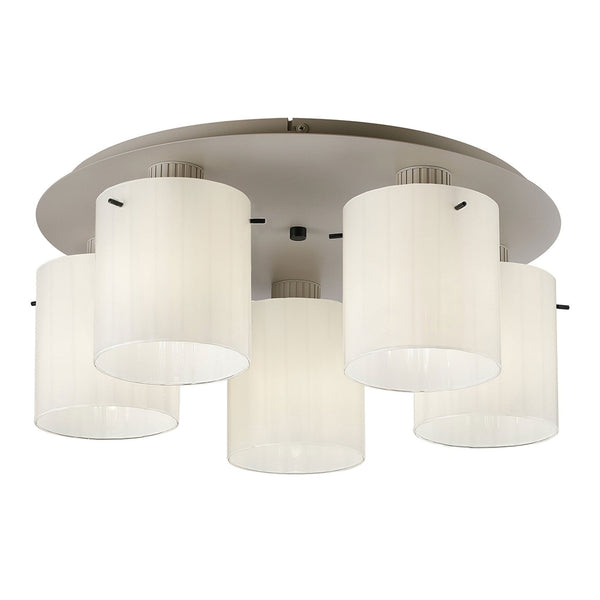 Belstone Wide Ribbed 5 Light Flush Round Ceiling Light in Beige Stone with Gloss White Glass