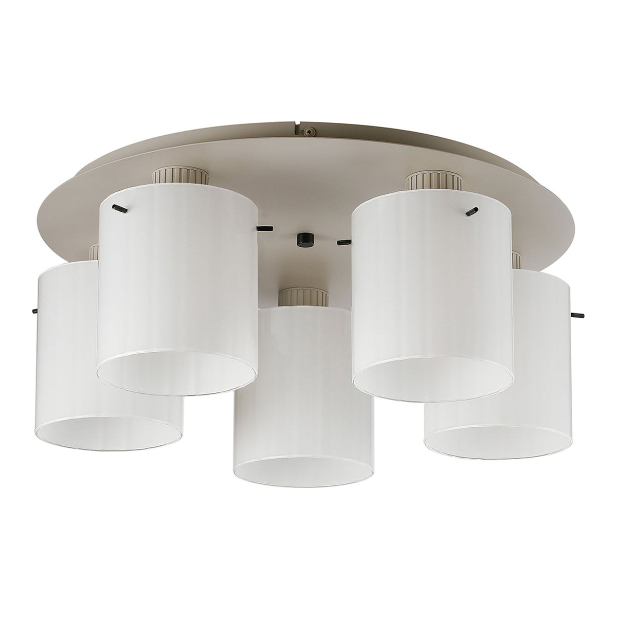 Belstone Wide Ribbed 5 Light Flush Round Ceiling Light in Beige Stone with Gloss White Glass