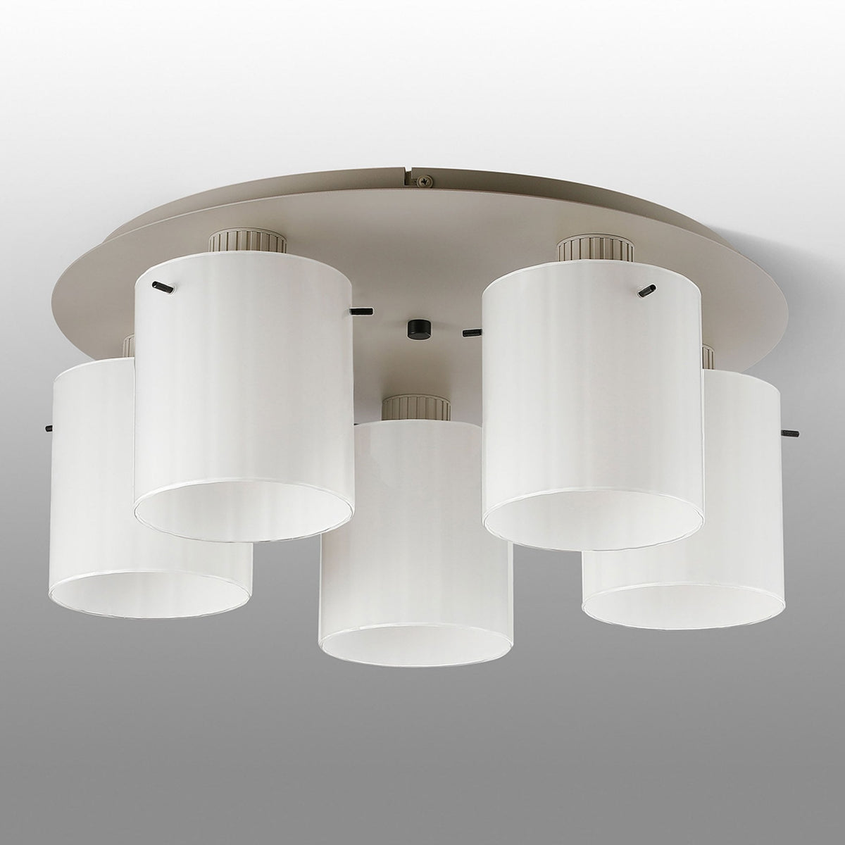 Belstone Wide Ribbed 5 Light Flush Round Ceiling Light in Beige Stone with Gloss White Glass