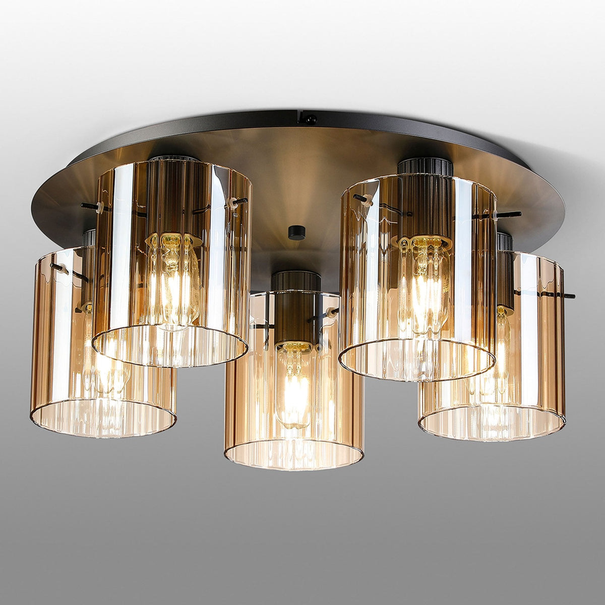 Belstone Wide Ribbed 5 Light Flush Round Ceiling Light in Dark Grey with Amber Glass