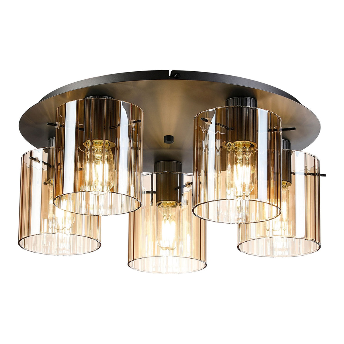 Belstone Wide Ribbed 5 Light Flush Round Ceiling Light in Dark Grey with Amber Glass