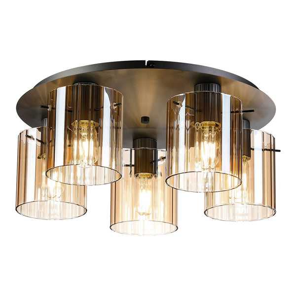 Belstone Wide Ribbed 5 Light Flush Round Ceiling Light in Dark Grey with Amber Glass