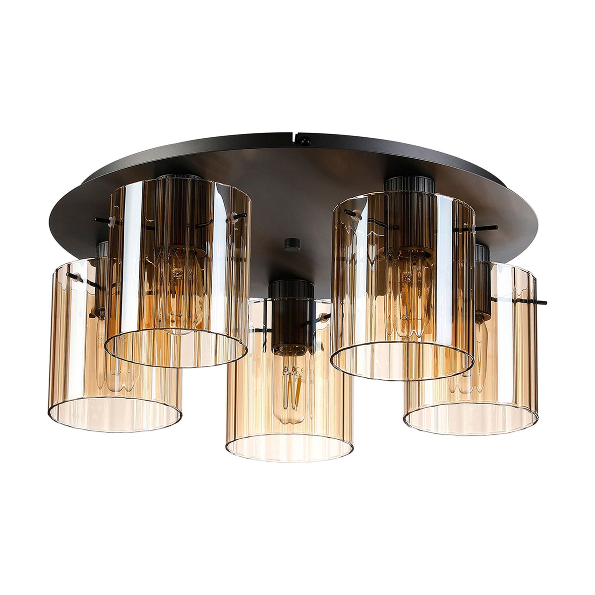 Belstone Wide Ribbed 5 Light Flush Round Ceiling Light in Dark Grey with Amber Glass
