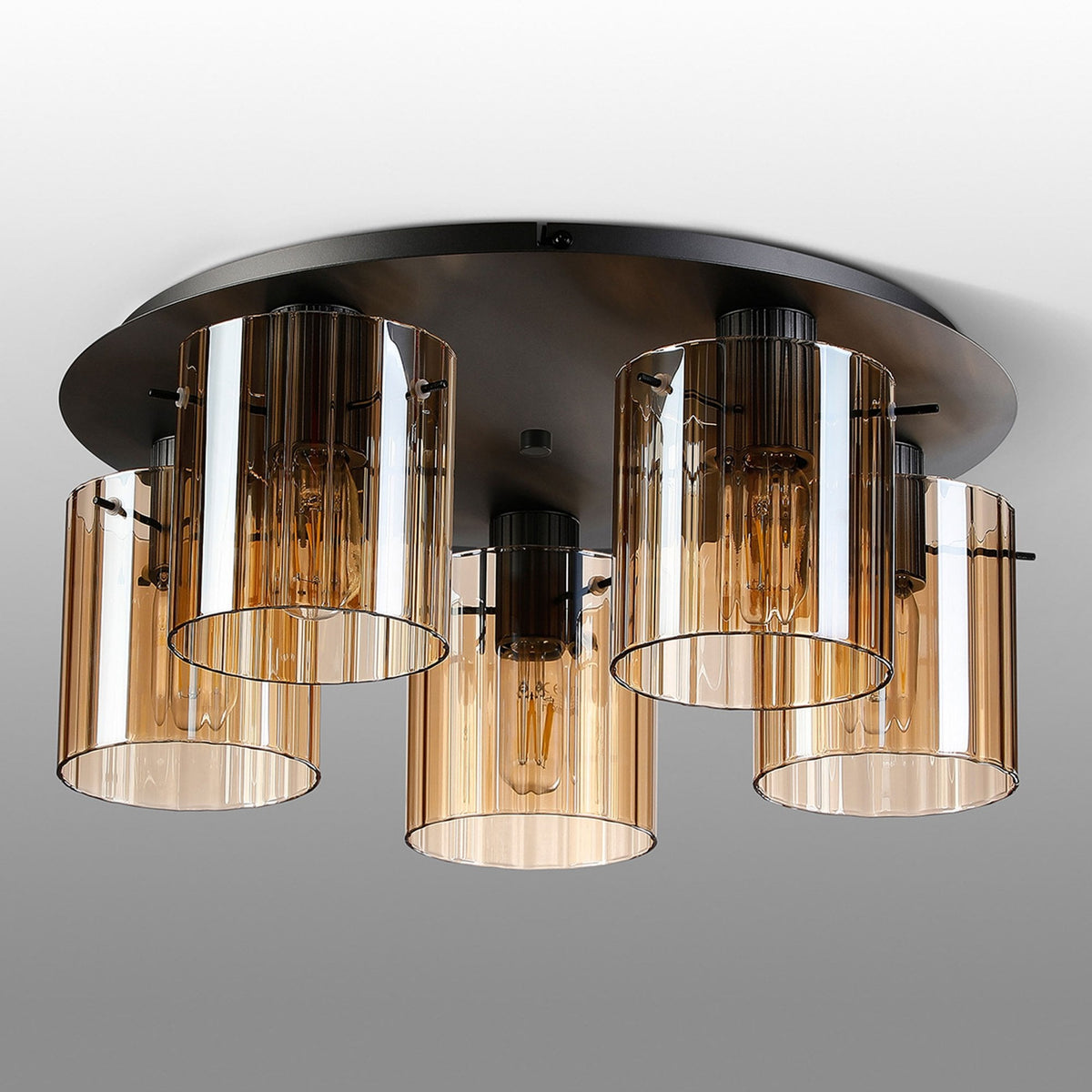 Belstone Wide Ribbed 5 Light Flush Round Ceiling Light in Dark Grey with Amber Glass