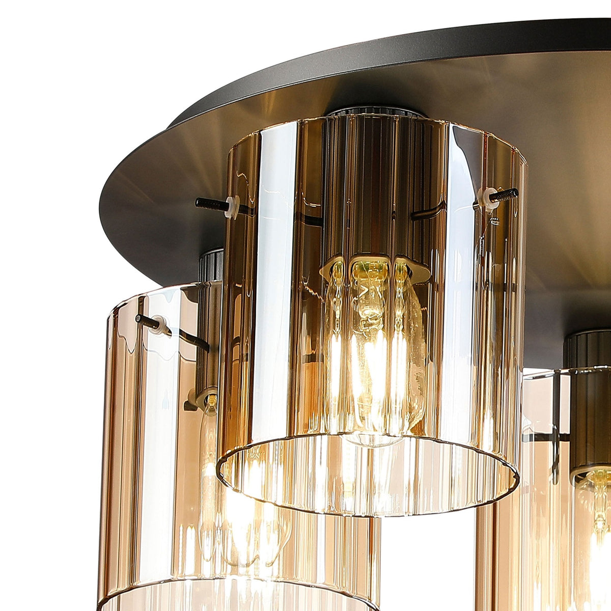 Belstone Wide Ribbed 5 Light Flush Round Ceiling Light in Dark Grey with Amber Glass