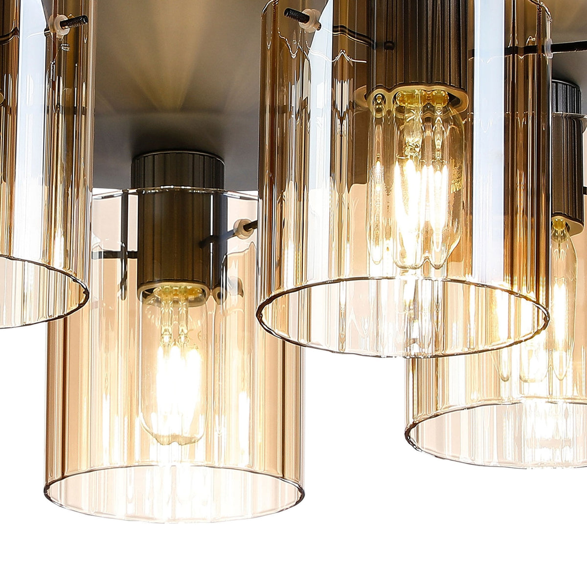 Belstone Wide Ribbed 5 Light Flush Round Ceiling Light in Dark Grey with Amber Glass