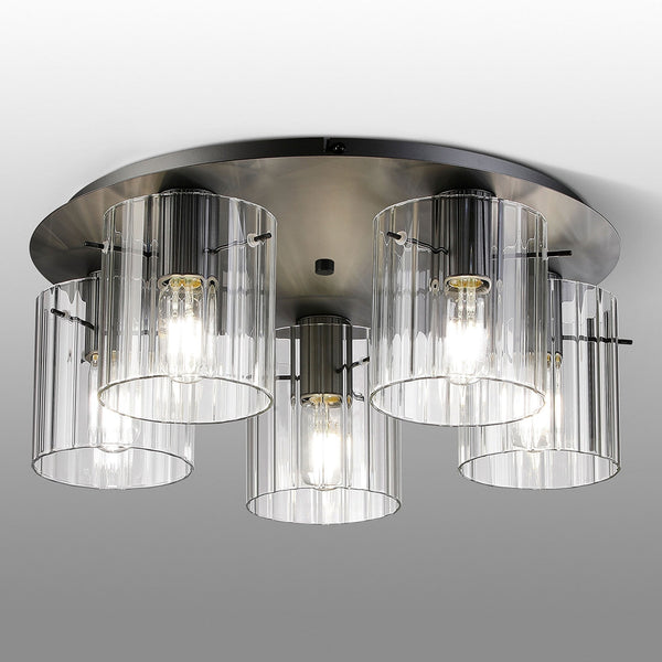 Belstone Wide Ribbed 5 Light Flush Round Ceiling Light in Dark Grey with Clear Glass