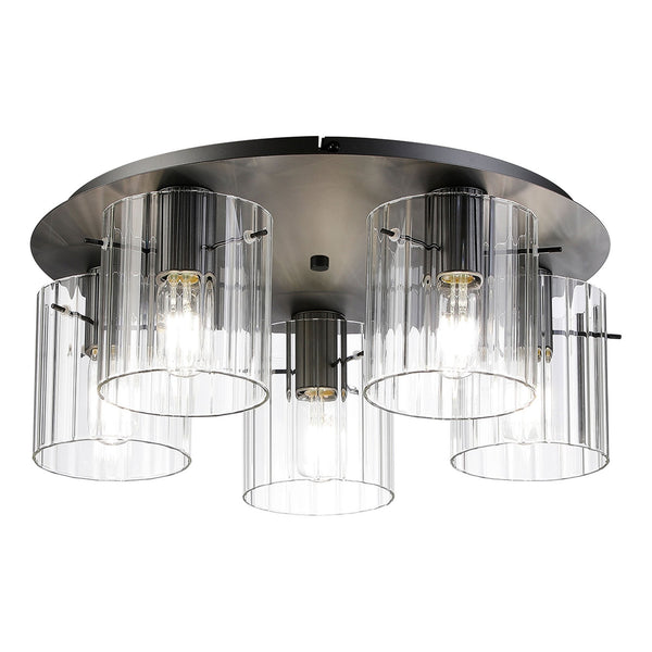 Belstone Wide Ribbed 5 Light Flush Round Ceiling Light in Dark Grey with Clear Glass
