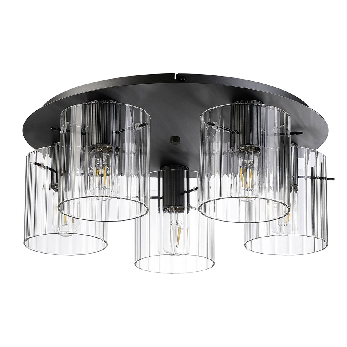Belstone Wide Ribbed 5 Light Flush Round Ceiling Light in Dark Grey with Clear Glass
