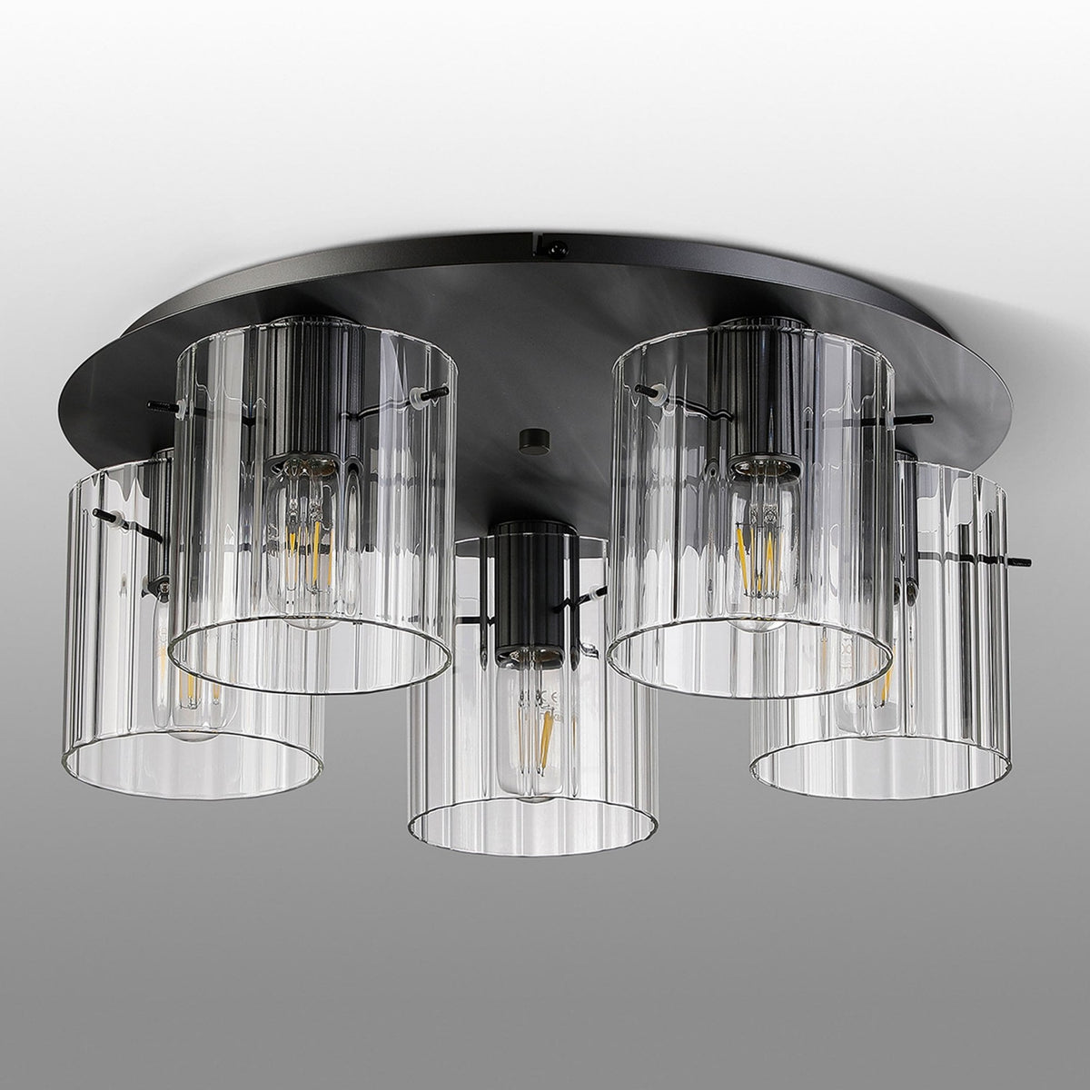 Belstone Wide Ribbed 5 Light Flush Round Ceiling Light in Dark Grey with Clear Glass