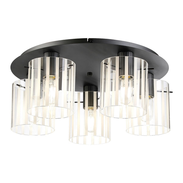 Belstone Wide Ribbed 5 Light Flush Round Ceiling Light in Dark Grey with Frosted & Clear Glass