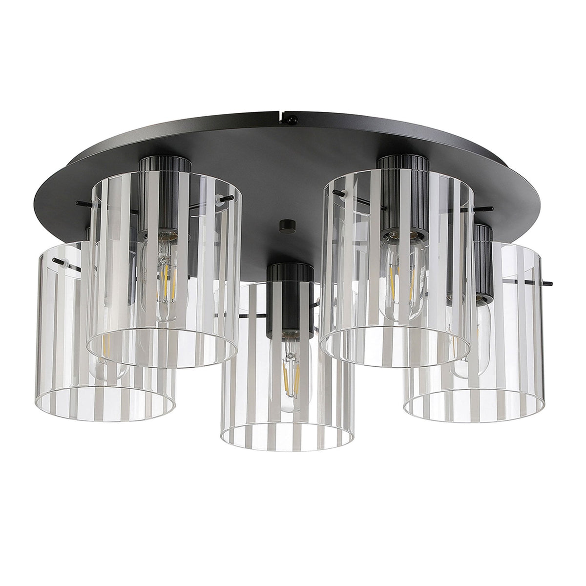 Belstone Wide Ribbed 5 Light Flush Round Ceiling Light in Dark Grey with Frosted & Clear Glass