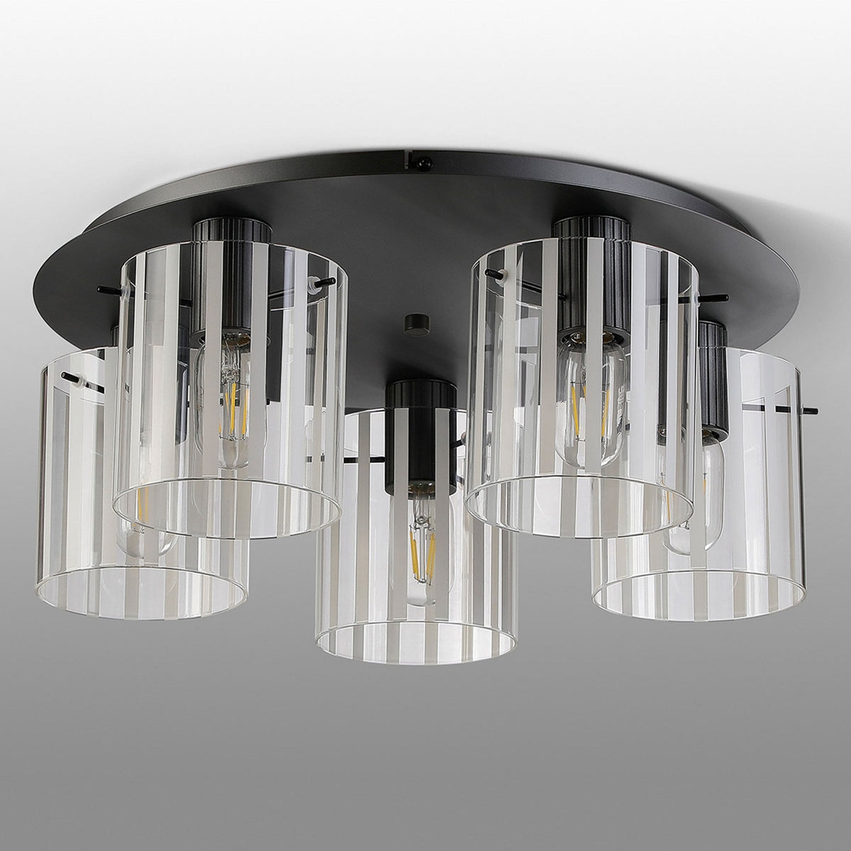 Belstone Wide Ribbed 5 Light Flush Round Ceiling Light in Dark Grey with Frosted & Clear Glass