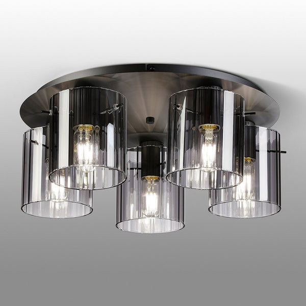 Belstone Wide Ribbed 5 Light Flush Round Ceiling Light in Dark Grey with Smoke Glass