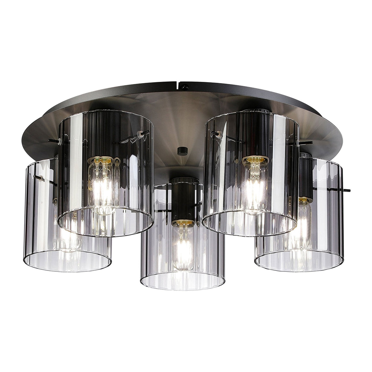 Belstone Wide Ribbed 5 Light Flush Round Ceiling Light in Dark Grey with Smoke Glass