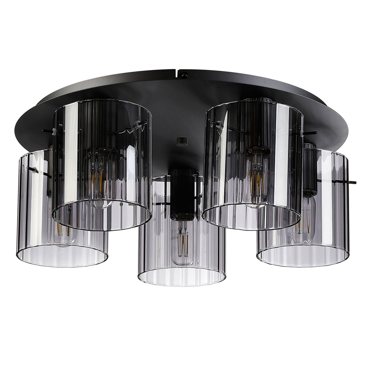 Belstone Wide Ribbed 5 Light Flush Round Ceiling Light in Dark Grey with Smoke Glass