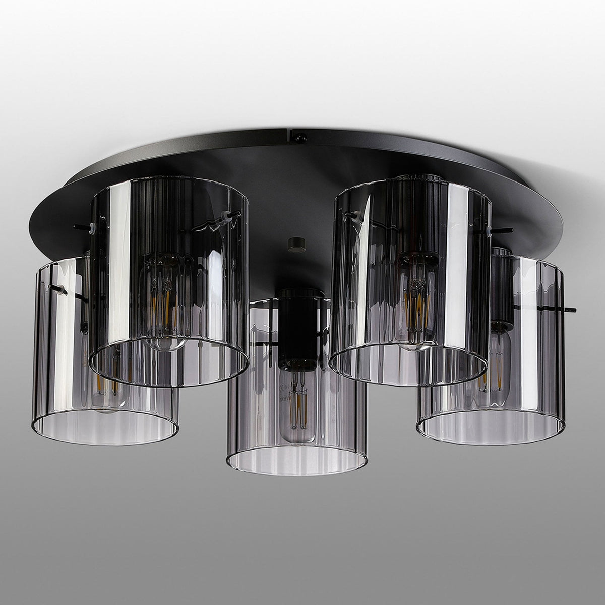 Belstone Wide Ribbed 5 Light Flush Round Ceiling Light in Dark Grey with Smoke Glass