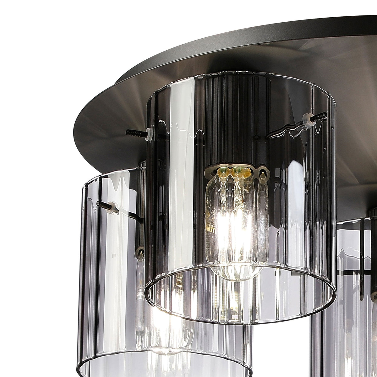 Belstone Wide Ribbed 5 Light Flush Round Ceiling Light in Dark Grey with Smoke Glass