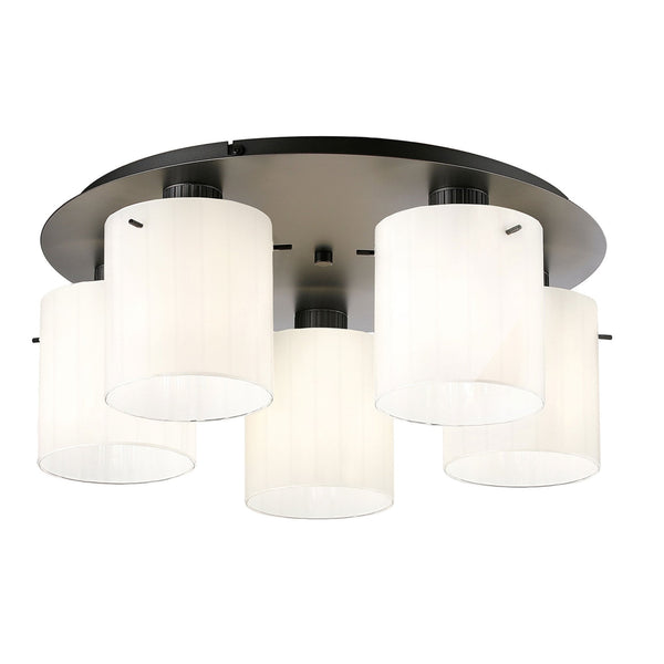 Belstone Wide Ribbed 5 Light Flush Round Ceiling Light in Dark Grey with Gloss White Glass
