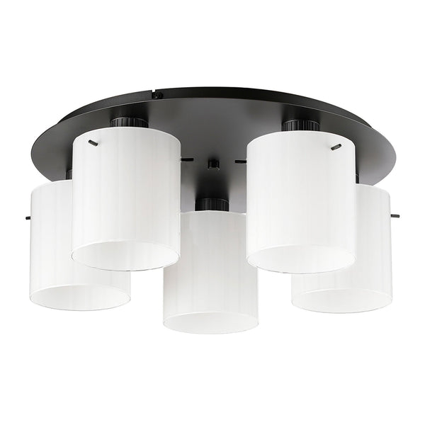 Belstone Wide Ribbed 5 Light Flush Round Ceiling Light in Dark Grey with Gloss White Glass