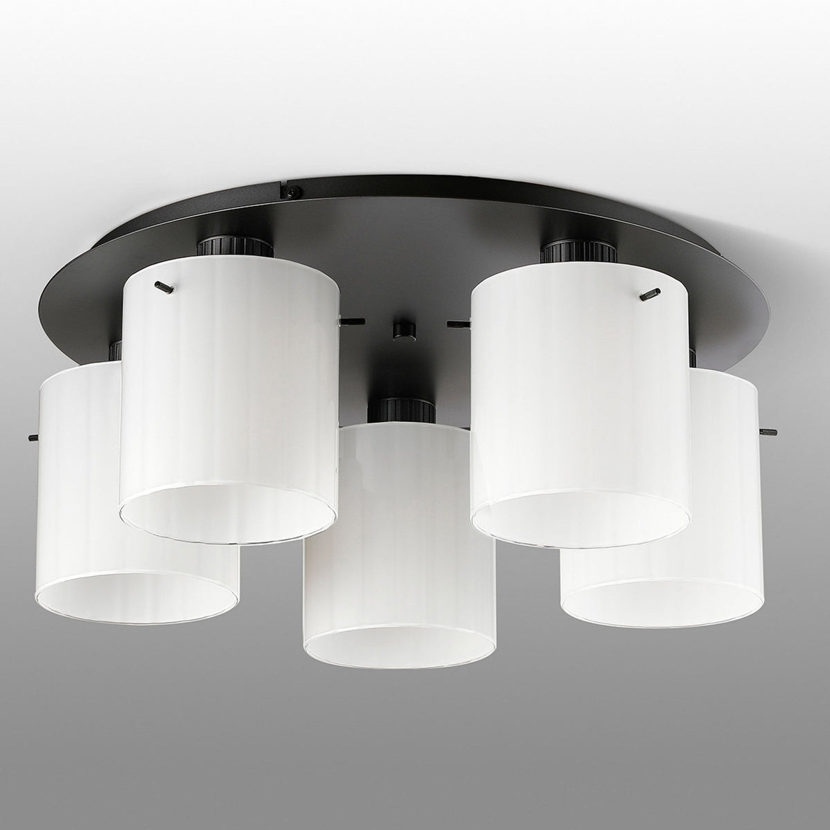 Belstone Wide Ribbed 5 Light Flush Round Ceiling Light in Dark Grey with Gloss White Glass
