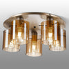 Belstone Wide Ribbed 5 Light Flush Round Ceiling Light in Light Gold with Amber Glass