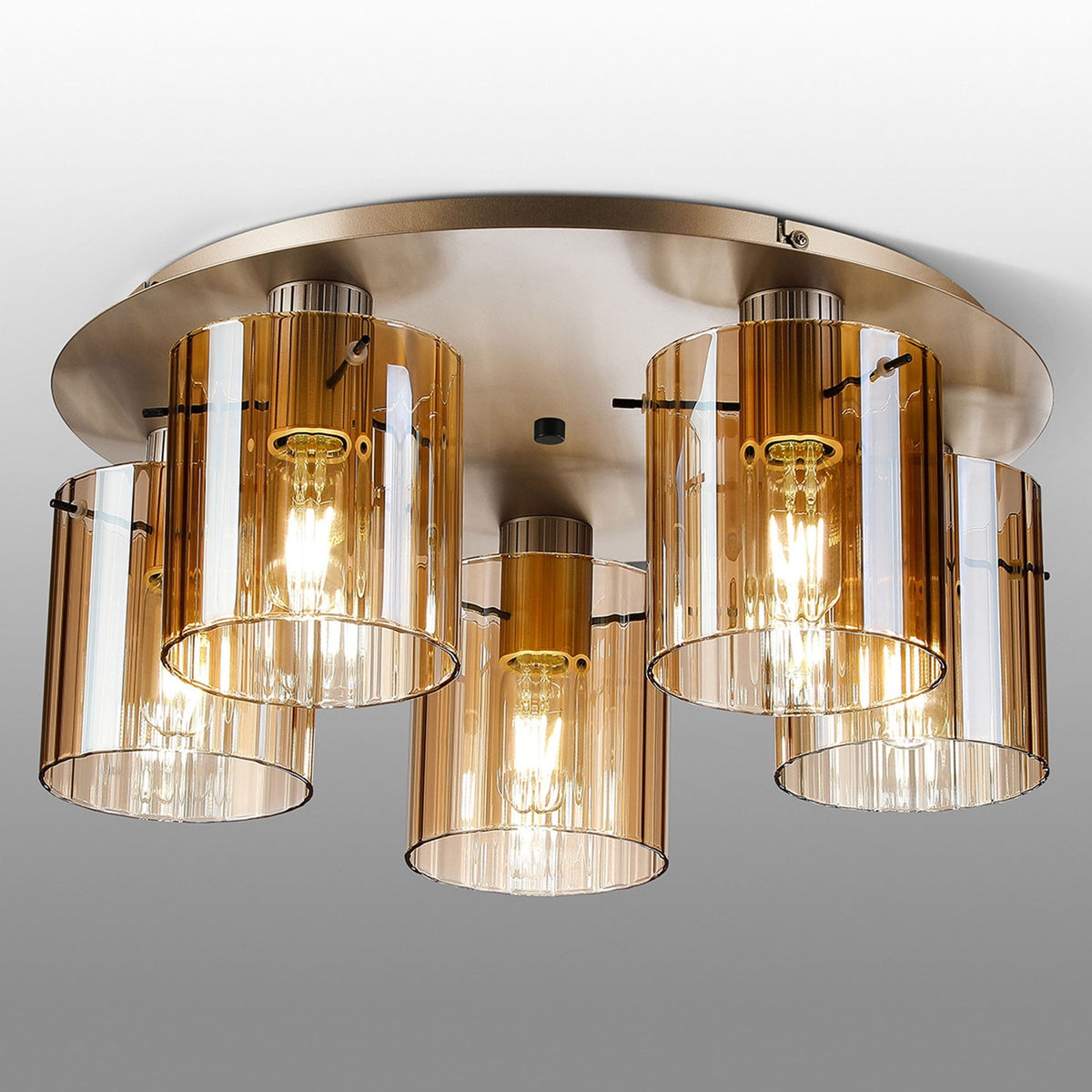 Belstone Wide Ribbed 5 Light Flush Round Ceiling Light in Light Gold with Amber Glass